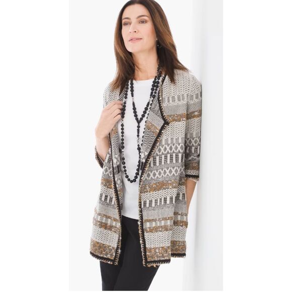 Chicos Petite Textured 3/4 Sleeves Elenore Long Cardigan Knit Open Sweater 0P SP - Picture 1 of 13